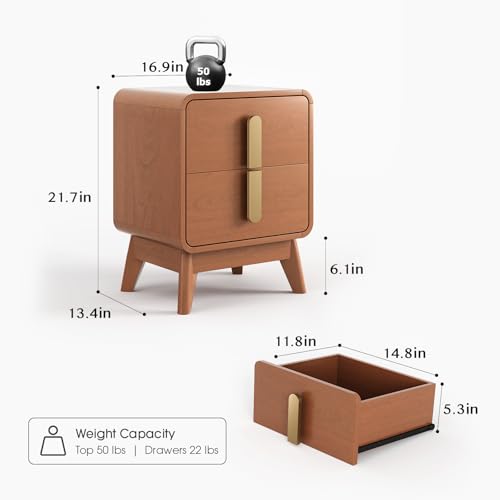 Image of JOINICE Mid Century Modern Night Stand Set of 2 for Bedroom, Cherry | Bed Side Table with Storage for Living Room, Bedroom, Veneer Finish, 2 Large Drawers with Golden Handles, Accent Piece