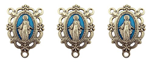 L&M Blue Enamel Our Lady Miraculous Medal Floral Rosary Centerpiece, Set of 3, 1 Inch