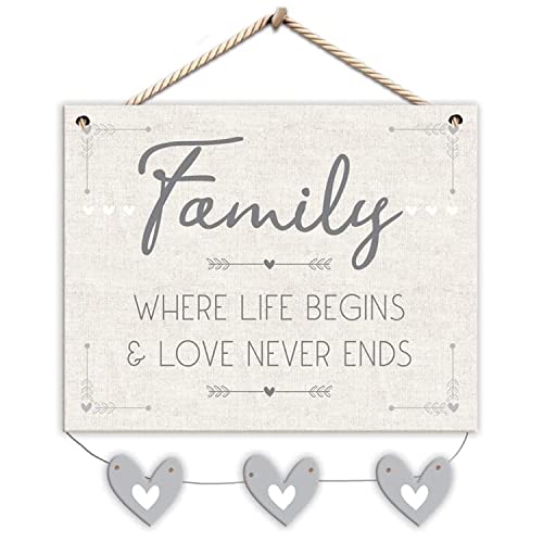 Plaque murale avec cœurs en jute Inscription Family Where Life Begins & Love Never Ends Cover