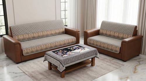 Image of Gray Velvet Sofa Mat, 3+2 Set | Full Cover for Seat & Back, Anti-Skid, Machine Washable
