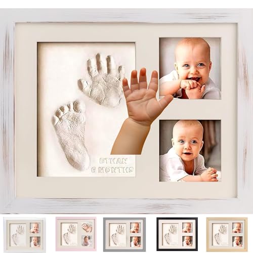 Image of Bubzi Co Baby Footprint and Hand Print Kit - Keepsake Frame, Nursery Picture Frames, New Mom Gifts, Newborn Essentials, Baby Shower Gifts (White Wash)