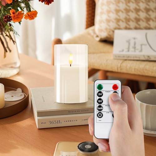 Image of Flameless Candles 4 inch 5 inch 6 inch Set of 3 Ivory Outdoor Indoor Pillars 2.95 inch Diameter, Battery Operated Flickering LED Pillar Candles with Remote and Timers