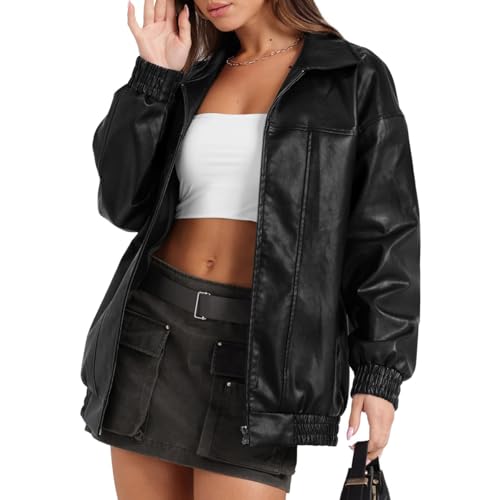 Faux Leather Jacket for Women Lapel Oversized Motorcycle Jacket Zip Up Bomber Coats Winter Fashion 2025 Fall Outfits4