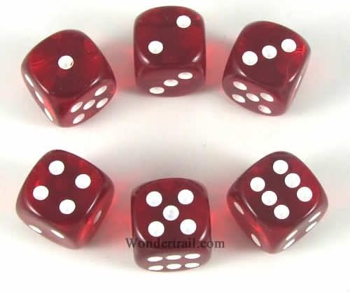 Red Translucent Dice White Pips D6 16mm Pack of 6 Wondertrail WCX23604E6