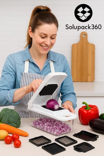 Miniatura 6 de Solupack360 Cortador De Verduras 23 En 1 Profesional Mandolina Manual Multifuncional Con Cuchillas De Acero Inoxidable, Rallador, Espiralizador, Picadora, Pelador, Contenedor Y Accesorios