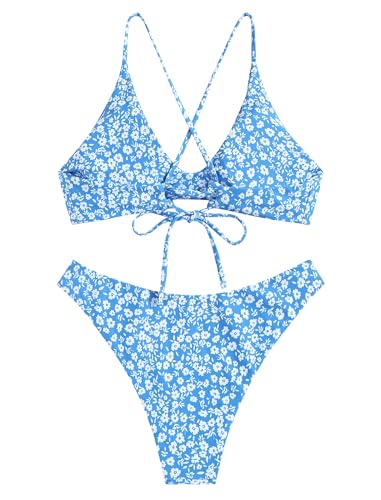 Image of ZAFUL Women's Tie Back Padded High Cut Bralette Bikini Set Two Piece Swimsuit