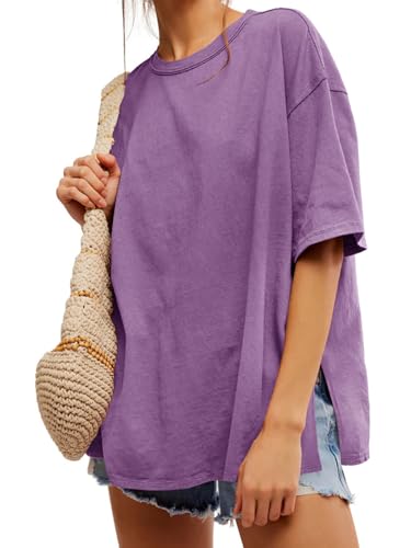 Image of Tankaneo Womens Oversized Tshirts Summer Casual Short Sleeve Crew Neck T Shirt Loose Fit Side Slit Tee Tops Light Purple