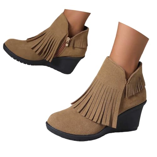 Generisch Botines con flecos para mujer, con aspecto de piel, tacón de cuña, botas altas al tobillo, elegantes, zapatos de invierno, cómodos, botas informales, botines cortos, O Marrón, 37 EU