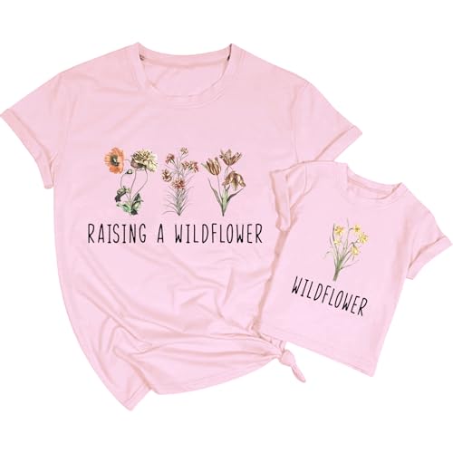 Pairxily Mommy and Me Matching Shirts Raising A Wildflower Shirt Mom and Daughter Son Matching Outfits Gift Short Sleeve Tops(Pink,M)
