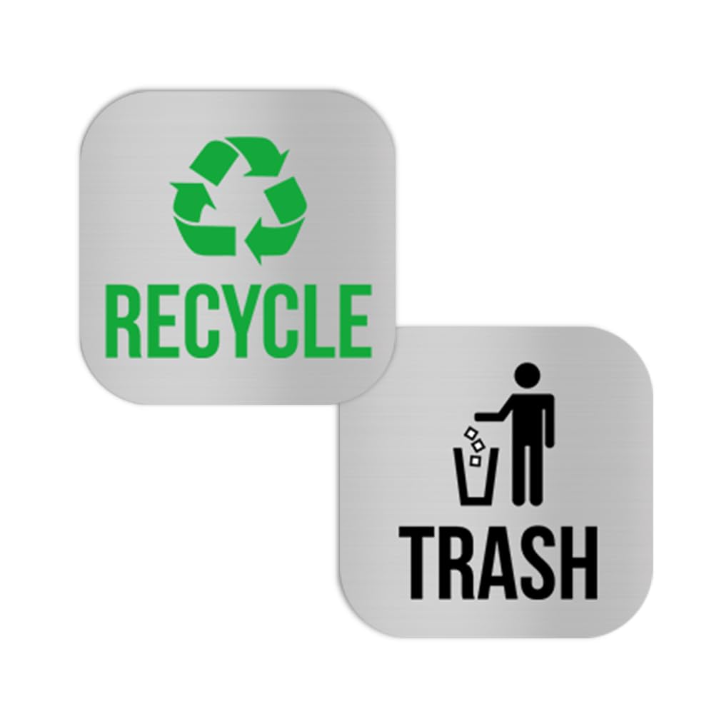 Generic 2 Pack Recycle and Trash Magnets, Brushed Silver, Stainless Steel, Minimalist, Bin Magnet, Recycling Bin Labels, Silver, Square, Indoor/Outdoor