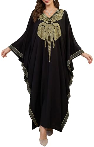 Orshoy Damen Kaftans Maxi Kaftan Bikini Cover Up Lang Maxikleid Sommer Kleid Kaftan Kleid Freizeitkleid Strandponcho Nachtwäsche Alltagskleid D-Schwarz