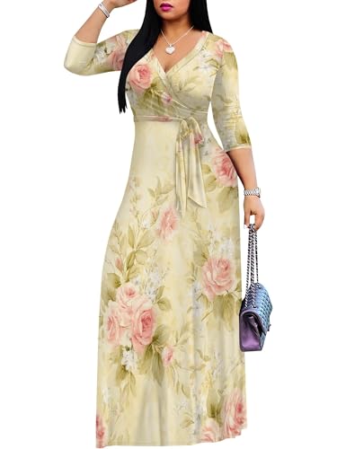 Image of Plus Size Maxi Dress for Women V Neck Flowy Dresses with Pockets for Wedding Guest Church