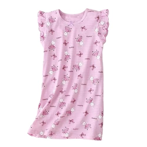 Belle G Camisón de algodón con mangas con volantes para niñas, vestido de verano de manga corta con bonitos estampados, para edades de 3 a 12 años, 1 paquete, Conejos rosados, Age 5 (120)