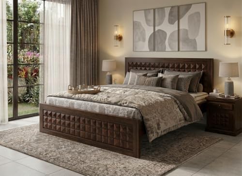 Image of Solid Sheesham Wood Queen Size Bed Without Storage|Wooden Box Queen Size Double Cot Bed Without Storage Box for Home,Bedroom,Living Room|Diamond Carved Design Headboard|Walnut Finish