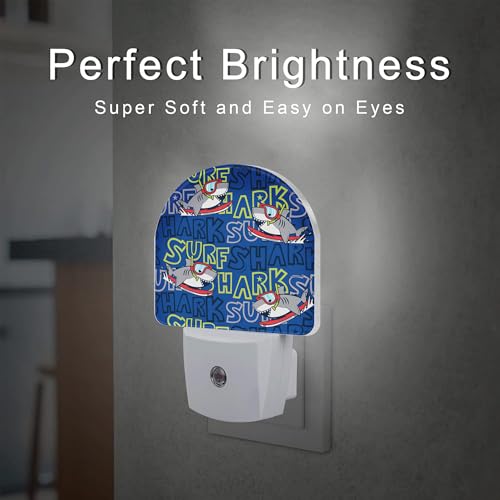 Image of Cartoon Surfing Sharks Night Light, Cool Cute Shark Dusk to Dawn Night Light Plug in,0.5w Energy Saving Sleep Friendly Nightlights for Kids Boys Girls Home Decor