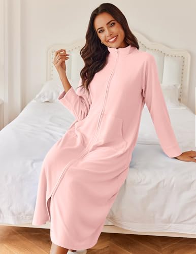 Image of Ekouaer Women Zipper Robe Long Sleeves House Coat Soft Bathrobe Sleepwear with Pockets Housecoat Loungewear