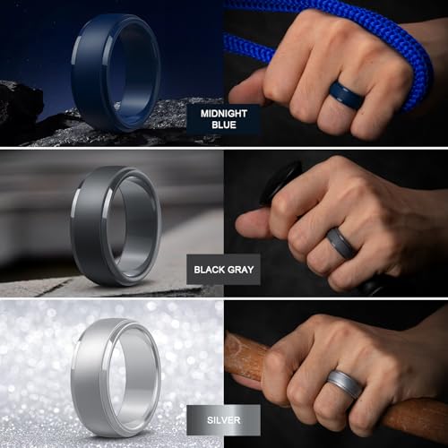 Image of Egnaro Men's Silicone Wedding Rings: Classic Black Step Edge Rubber band 10mm Wide 2.5mm Thick- Hypoallergenic for Gym /Outdoor /Gift(1 /4 /7 Variety Pack with Half Size)