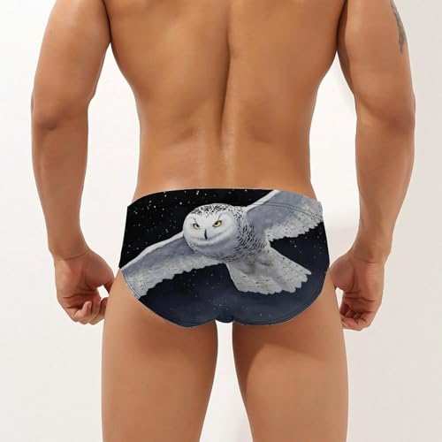 Flying Snowy Owl Printed Swim Briefs for Men Sexy Bikini Swimwear Elastic Beach Trunks Bathing Suit3