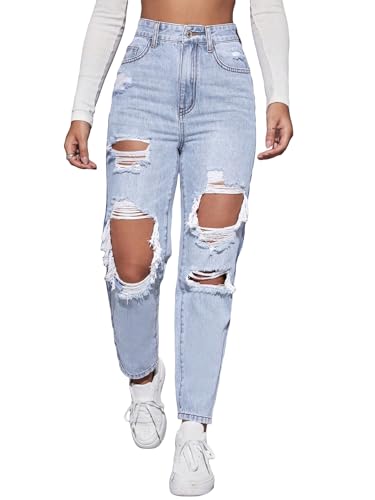 Floerns Women's Ripped High Waist Boyfriend Jeans Distressed Stretchy Denim Pants