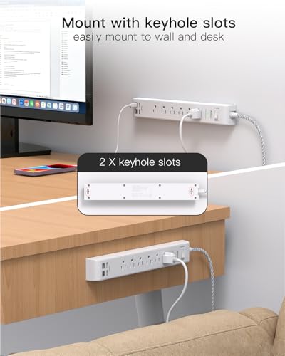 Image of 2 Pack Power Strip 15FT, Surge Protector with 6 Outlets and 4 USB Ports (2 USB C), Flat Plug Overload Protection, Extension Cord with Multiple Outlets, Wall Mount for Home Dorm College