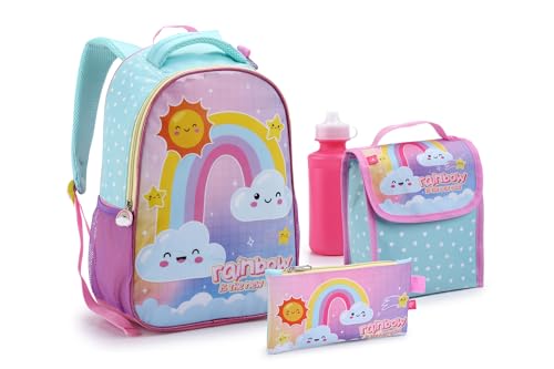 Kit Escolar Infantil SEANITE: Mochila, Lancheira Termica, Estojo e Garrafa Para Meninas! (Arco-íris)