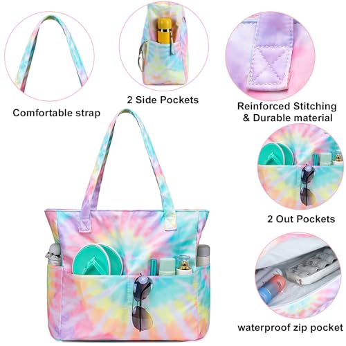 CAMTOP Waterproof Beach Tote Bag for Women Girls with Zipper Foldable Sandproof Pool Swim Bag Travel Carry On Gym4
