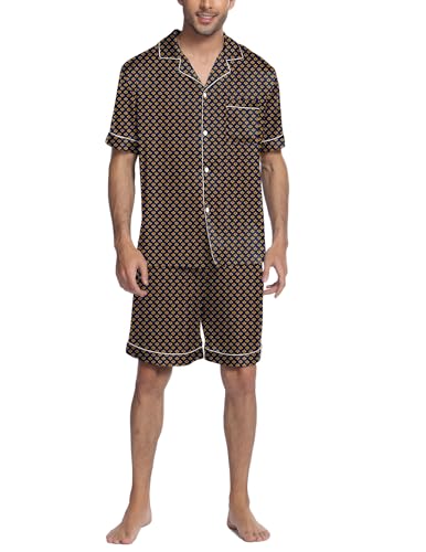 Image of Ekouaer Mens Satin Pajamas Set Button-Down Short Sleeve Shirt Top Soft Silk Sleepwear Shorts with Pockets