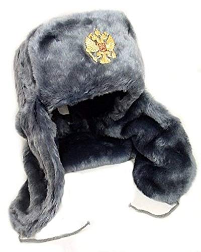 Authentic Russian Military Gray Ushanka Hat w/Double Headed Eagle Emblem (Medium (58 cm))