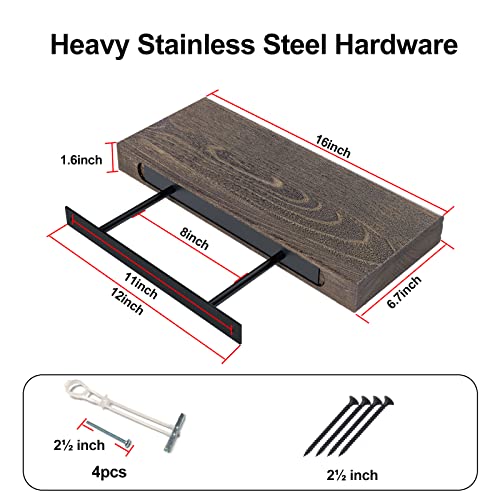 Zgren Floating Shelves Natural Wood Rustic Wide Wall Mounted Shelf 16 Inch Set Of 2 Farmhouse Wooden Shelving Small Decorative Shelf For Bathroom, Bedroom, Kitchen, Living Room Decor, Black Dark Brown #TOP2