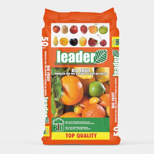 LEADER, Terriccio Bio Fruit, Per Agrumi e Piante da Frutto in Vaso, Favorisce Fioritura e Fruttificazione, Trattiene l'Umidità e Migliora il Drenaggio, Previene il Ristagno D'Acqua, Sacchetto da 50L