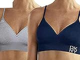 DKNY Ladies’ Seamless Wire Free Bralette 2-Pack (Large, Grey-White Stripes/Solid Blue)