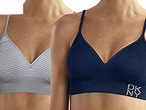 DKNY Ladies’ Seamless Wire Free Bralette 2-Pack (Large, Grey-White Stripes/Solid Blue)