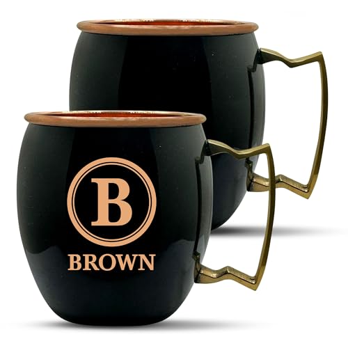 Custom Copper Moscow Mule with Smooth Painted Finish - Engraved Bar Style 100% Copper Cup with Personalized Stamp Initial Family Themed Engraving, Brass Handle | 18 oz, Black | Set of 2