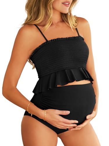 Summer Mae Maternity High Waist Swimsuit Ruffle Hem Bikini Bathing Suit Shirred Bandeau Two Piece Pregnancy Swimwear