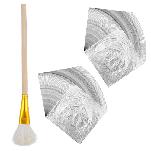 100 Stück Silberblätter 14 x 14 cm Imitations Silberfolie Blätter mit 1 Pinsel zum Basteln Kunstdekoration Skulptur Nagel Bilderrahmen Malerei Wand Möbel Heimwerken