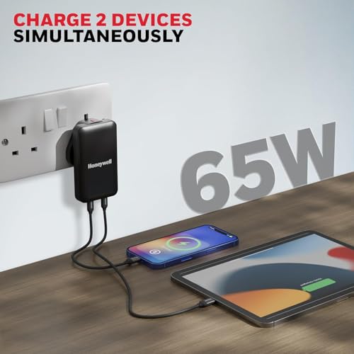 Image of Honeywell Zest Ultra-Thin GaN 65W Dual Type-C PD 3.0 Wall Charger with PPS Support, Ultra-Fast Charging, Compatible with iPhone, iPad Pro, Pixel, Galaxy, OnePlus, Tablets & Smartwatches | PPS Support, Ultra-Fast Charging, Compatible with iPhone, iPad Pro, Pixel, Galaxy, OnePlus, Tablets & Smartwatches