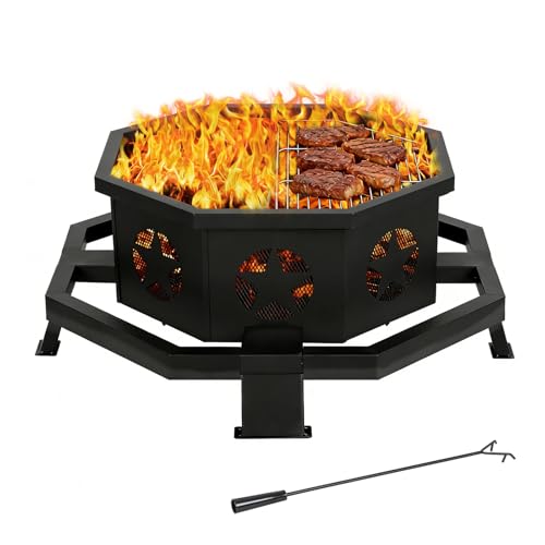 Hykolity 31 Inch Fire Pit, Octagonal Outdoor Fire Pit, 2 in 1 Wood Burning Fire Pits with Cooking Grill, Smokeless FirePit for Outside, Bonfire, Patio, Backyard, Camping