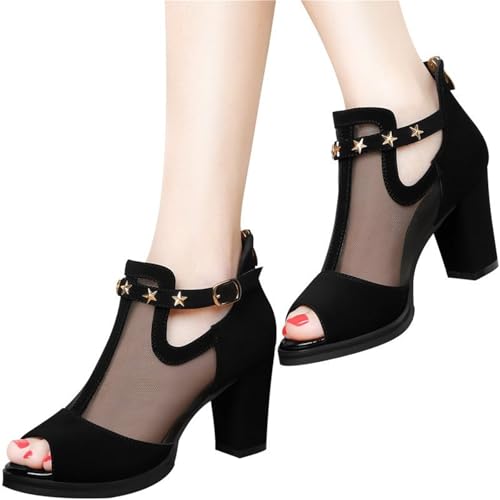 UPGENT Women's Chunky Block High Heeled Sandals Fashion Peep Toe Sexy Mesh Platform Ankle Booties Wedding Dress Party Shoes3