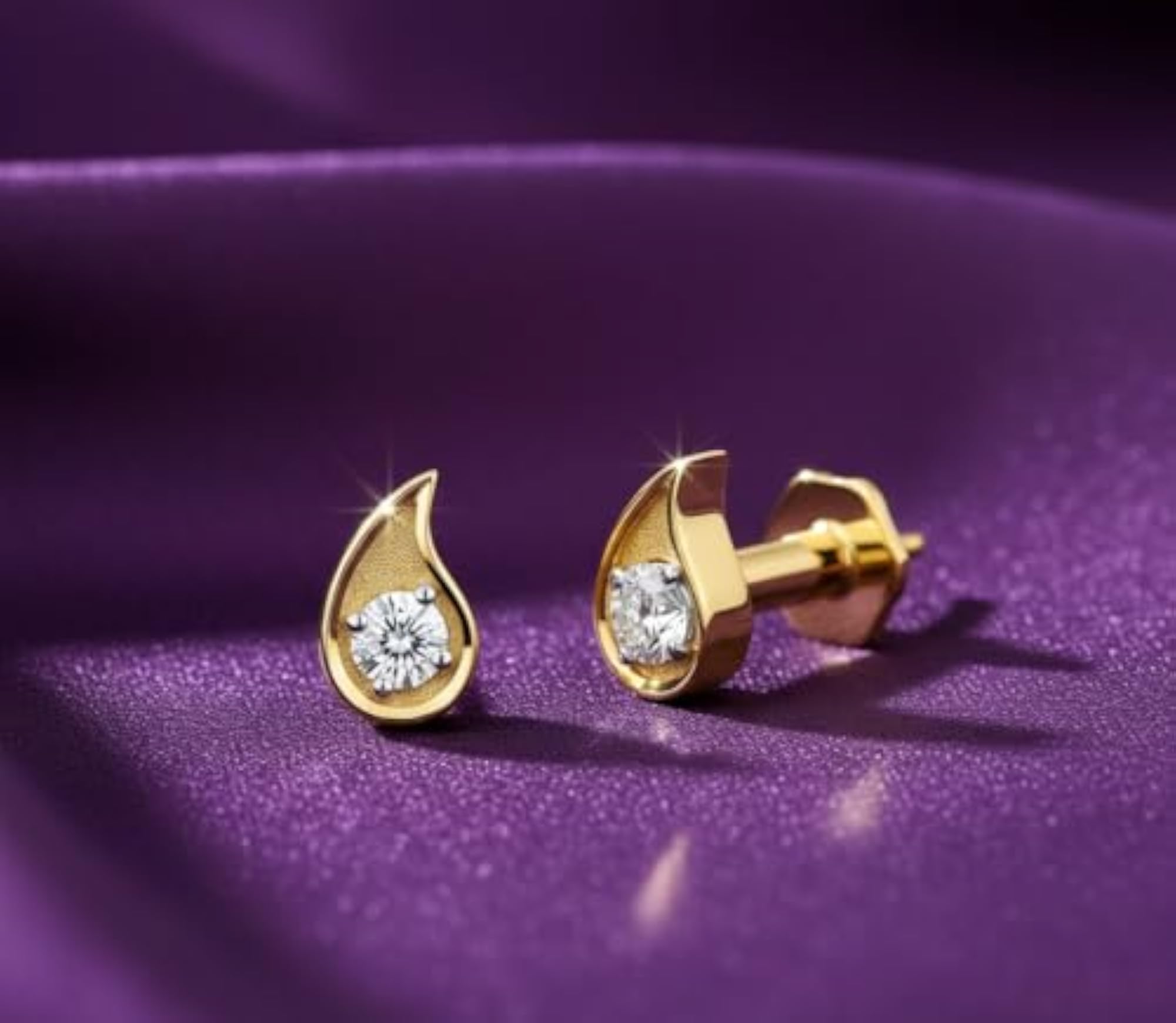 Gold Teardrop Stud Nose Pin with Diamond, Screw Back
