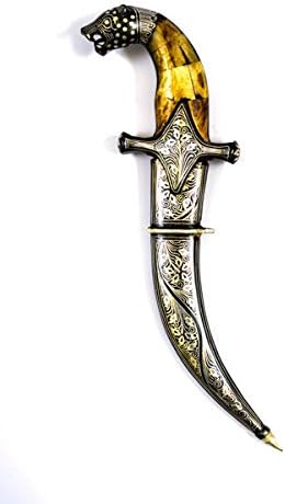 Purpledip Decorative Mini-Sword for Ceremonial Or Ornamental Use: Antique Tiger Design with Camelbone Hilt, Damascus Steel Blade, Silver Inlay Scabbard, 12 inches (A20013)