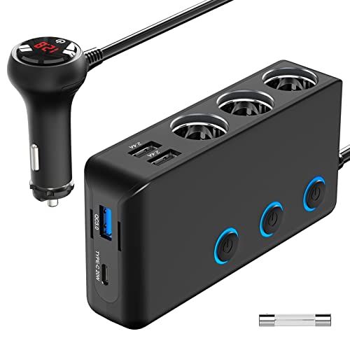 【Nouv】 Adaptateur Allume-Cigare Haute Puissance 200W, 12V/24V Chargeur De Voiture à 3 Prises avec 20W PD3.0 USB-C Et Trois Ports QC3.0, Interrupteur SéParé pour VoltmèTre LED, Fusible 15A RemplaçAble