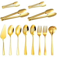 12 Pieces Gold Serving Utensils, Stainless Steel Cooking Utensils Set, Include Serving Spoons, Slotted, Spoons, Forks, 2 Sizes Tongs, Soup Ladle and Pie Cake Server for Kitchen Restaurants Buffet