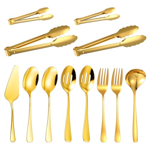 12 Pieces Gold Serving Utensils, Stainless Steel Cooking Utensils Set, Include Serving Spoons, Slotted, Spoons, Forks, 2 Sizes Tongs, Soup Ladle and Pie Cake Server for Kitchen Restaurants Buffet