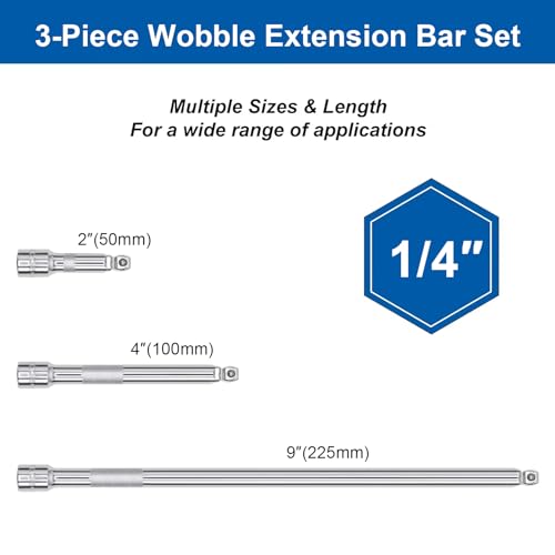 DAKCOS 1/4 Inch Drive Wobble Extension Bar, 3 Pieces Wobble Socket Extension Bar Set, Extensions Socket Tool, CR-V Steel - Image 2
