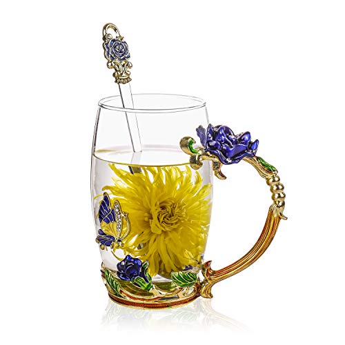 ONEPENG Flower Tea Cups with Spoon，Glass Coffee Mugs，Enamel Handmade Unique Butterfly Rose，Tea Mugs for WomenGifts Ideas for WomenRose-Blue-Tall