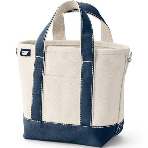 Image of Lands' End Natural Open Top Canvas Tote Natural /radiant Navy Small Regular Handle