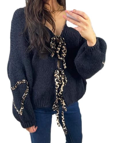 Image of Women's Tie Knot Leopard Heart Print Knit Cardigan Oversized V Neck Open Front Bandage Sweater Trendy Fall Knit Outwear