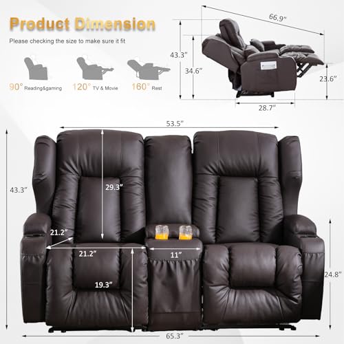 Image of IPKIG 65.3 inch RV Loveseat Recliner Sofa with Storage Console, Leathaire Fabric Wall Hugger Reclining Chair with Cup Holders and Side Pockets, Home Theater Seating Manual Recliner for Living Room (Brown)