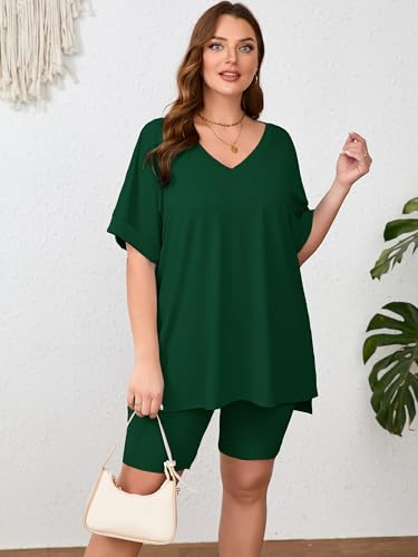 Image of AusLook Women's Plus Size 2 Piece Short Outfits Set Short Sleeve Tops and Shorts Pants Lounge Jogging outfits Matching Set