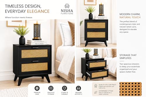 Image of Bedside Table for Bedroom, Hotels | Wooden Bed Side Nightstand Lamp Table with 2 Drawers Storage | Solid Wood Side End Table for Living Room, Home | with Rattan Cane- Black Finish